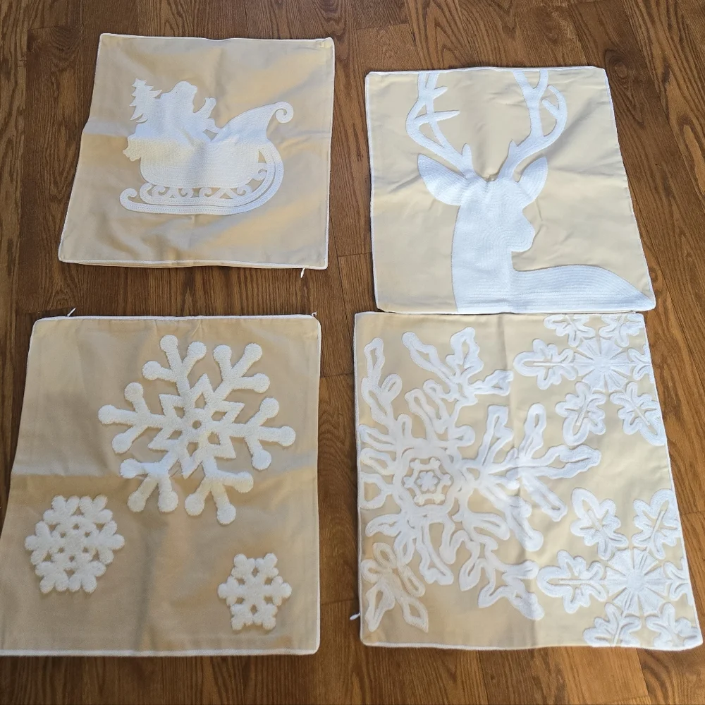 4 Christmas Pillow Covers Embroidery Sleigh Snowflakes Square 18 x 18